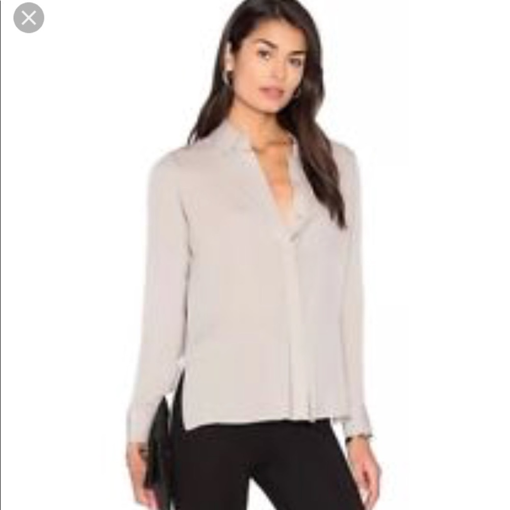 Vince Split Neck silk blouse in Bark, Small